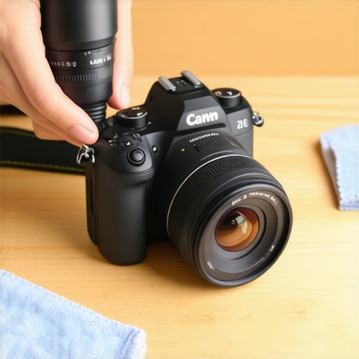 Essential Camera Maintenance for Creators A person cleaning a camera lens with an air blower to prevent sensor dust.