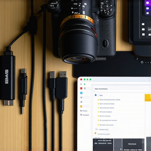 Organized home studio gear and cables for content creation.