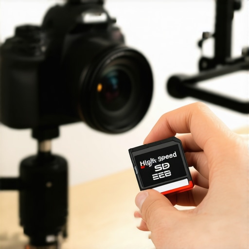 Close up of an SD card and camera battery used for content creation maintenance.