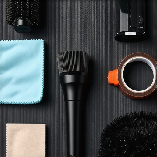 Close up of cleaning tools for camera lenses and studio microphones on a desk.