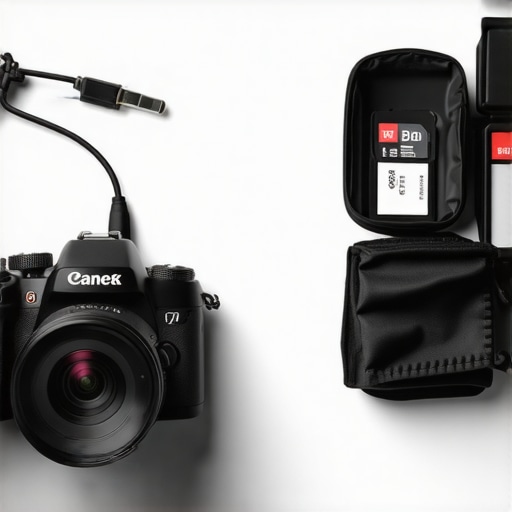 Close-up of a mirrorless camera with a dummy battery and organized SD cards on a creator desk.