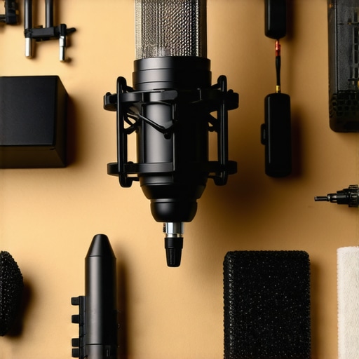 Professional microphone setup with cardboard baffle and cleaning tools for maintenance.