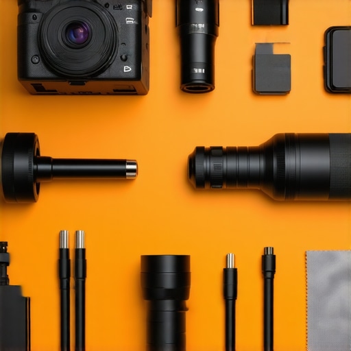 Organized camera gear on desk mount with cleaning kit and cable management