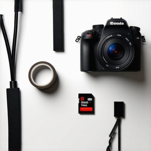 Close-up of a desk with organized cables, gaffer tape, and a camera highlighting studio maintenance habits.