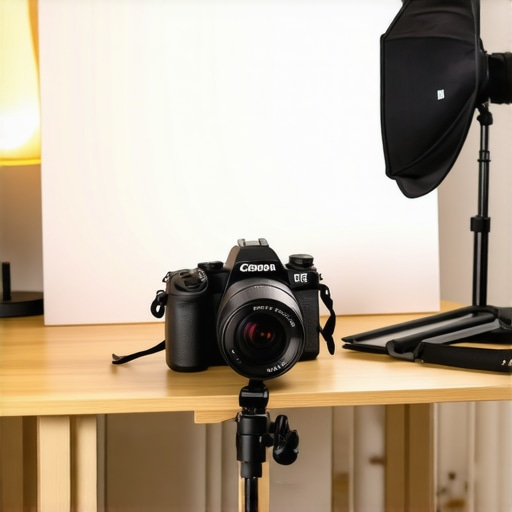 A home studio showing a camera and a foam board used for light reflection