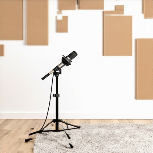 A professional home studio with acoustic treatment and a high-quality microphone setup
