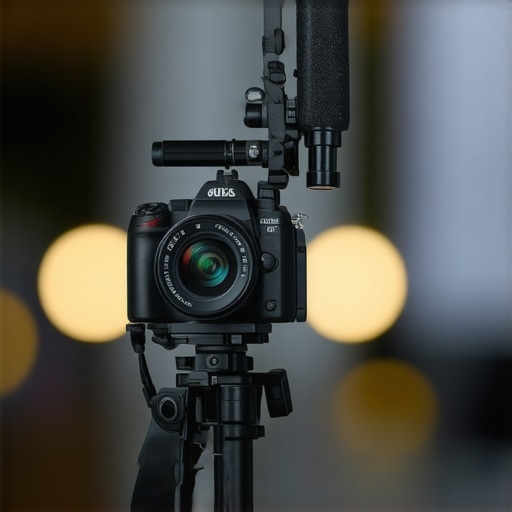 External Microphone Placement for Noise Reduction A professional camera setup showing a microphone positioned away from the lens to avoid autofocus noise.