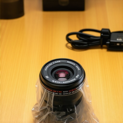 Protecting a professional camera lens with a shower cap for dust prevention.