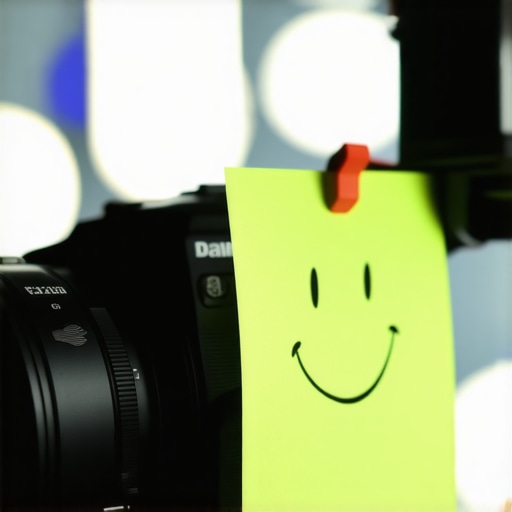 A professional camera lens with a neon green smiley face sticky note for eye contact.