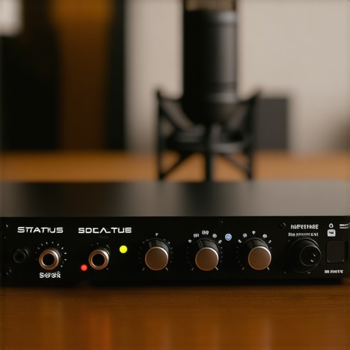 Close-up of a professional audio interface on a creator desk showing clean connections.
