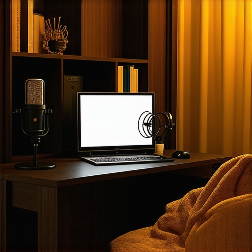 A home studio setup showing a bookshelf used as a sound diffuser and a beanbag chair in the corner for acoustic absorption.