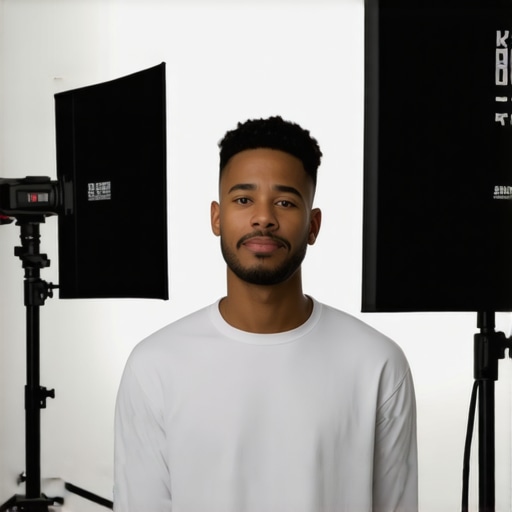 A creator using the 45-degree lighting technique to create depth and professional shadows in a home studio.
