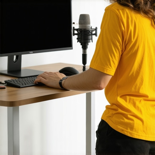 Implementing the wall clearance rule for better audio Moving a desk away from a wall to reduce sound reflections and boxiness in a home studio.