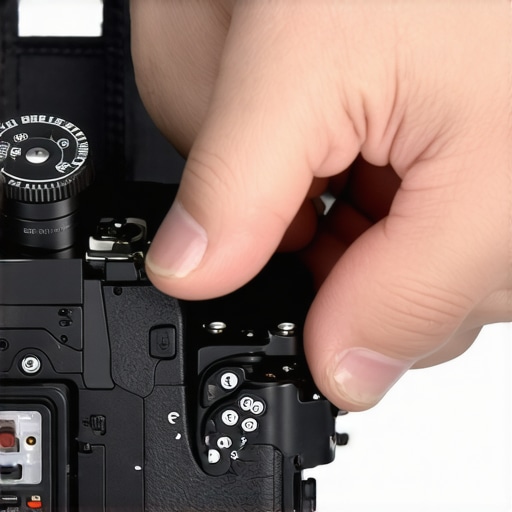 A person demonstrating how to route a DC coupler cable through a camera's battery door flap.