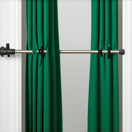 A metal tension rod holding a green screen backdrop in a doorway with binder clips for tension.
