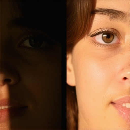 Lighting angle comparison for depth Comparison of flat lighting versus 45-degree studio lighting on a human face.