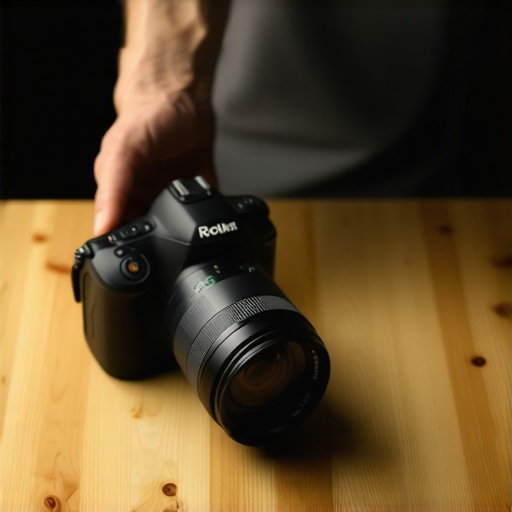 Creator cleaning a camera lens with an air blower in a studio