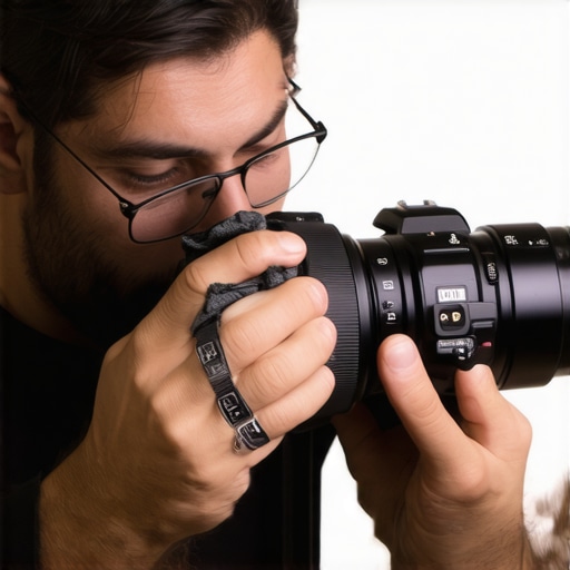 Maintaining Camera Gear in a Creator Studio A content creator using a manual air blower to clean dust off a high-end camera lens in an organized workspace.