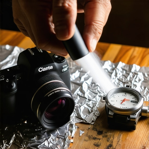 A photographer cleaning a macro lens on a desk with a DIY foil reflector visible.