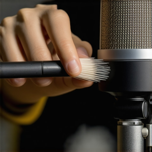 Maintaining Professional Content Creator Gear Close up of a person cleaning a studio microphone with a brush.