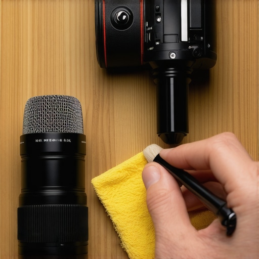 Hands cleaning a professional microphone and camera lens to ensure audio and video clarity.