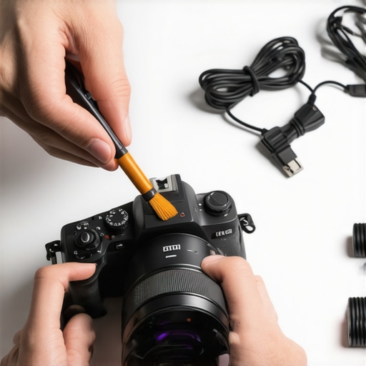 Person cleaning camera ports and organizing studio equipment.
