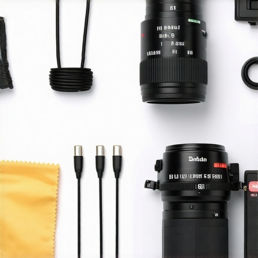 Close up of cable management and camera cleaning tools on a studio desk