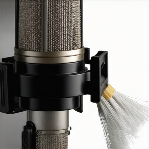 Close-up of cleaning a studio microphone to maintain audio quality.