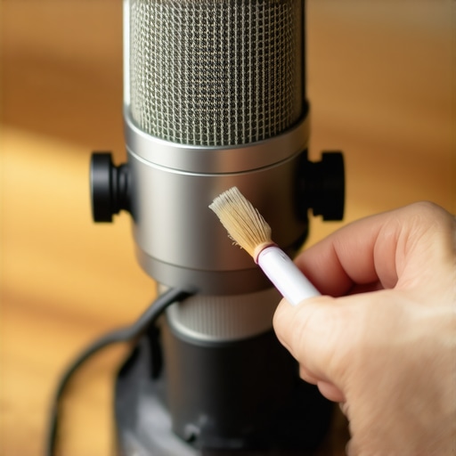 A person cleaning a studio microphone mesh to improve audio quality.