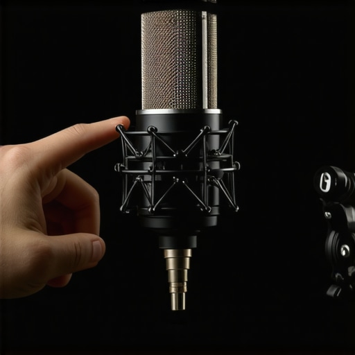 A creator using a hand gesture to measure the correct distance from a studio microphone for optimal sound quality.