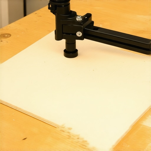 Microphone Boom Arm Desk Reinforcement Plate A DIY wooden reinforcement plate being used to protect a desk from a microphone boom arm clamp.