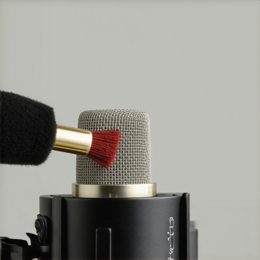 A creator cleaning the dust from a professional microphone mesh grille