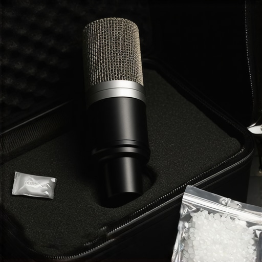 A studio microphone stored properly with a silica gel packet to prevent moisture damage.