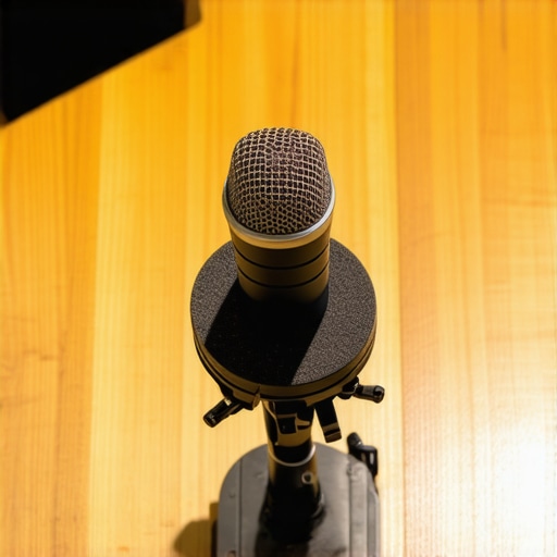 A professional microphone isolated from desk vibrations using a black foam block.