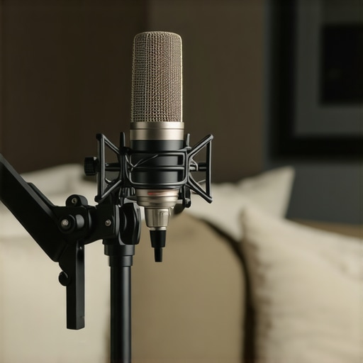 A high-end microphone in a studio with DIY acoustic treatment like pillows and blankets.