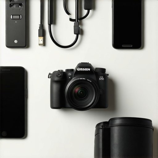 Content creator desk with smartphone controller and organized cable management