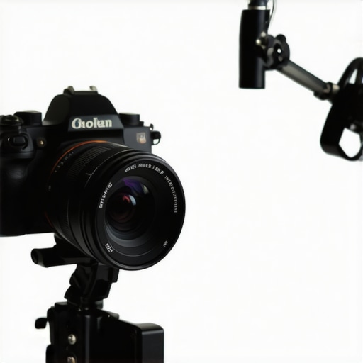 A 35mm lens mounted on a desk clamp to save space in a small creator studio.