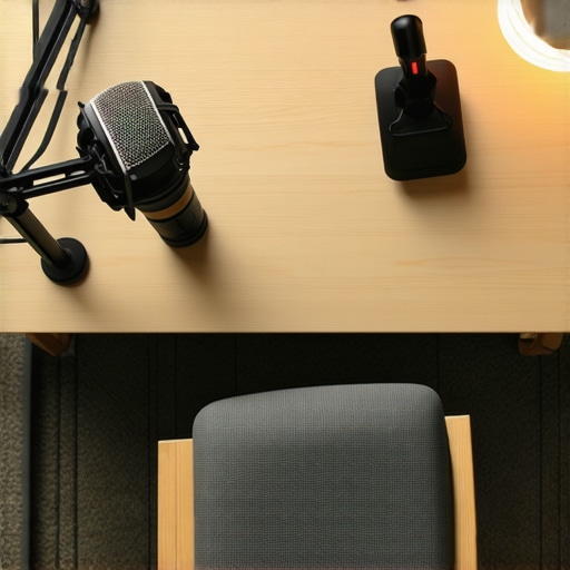 A professional home studio setup with acoustic rug and side-angled lighting.