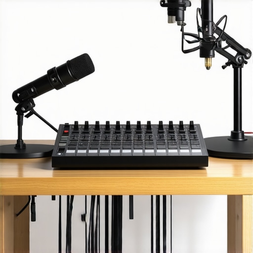 Optimized Creator Workspace and Gear Maintenance An organized professional content creator setup showing cable management and audio gear.