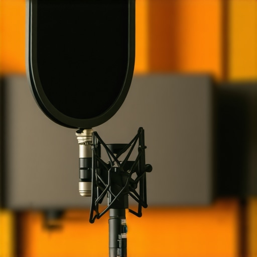Optimized Home Studio Microphone Setup A professional condenser microphone in a room with acoustic treatment to improve audio quality.