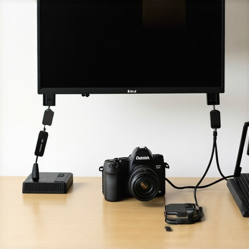 A well-organized home studio setup with wall-mounted camera and cable management