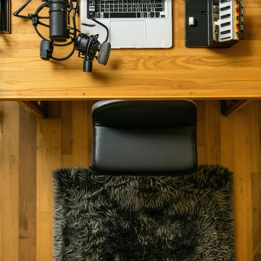 A thick rug placed under a desk and microphone to absorb floor reflections in a home studio.