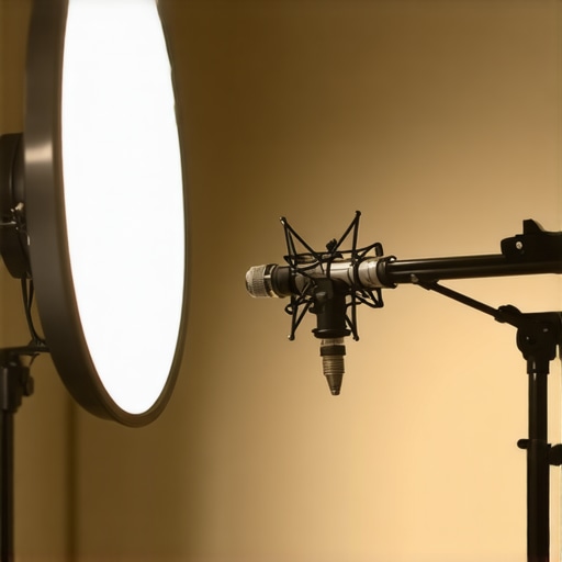 A compact and professional video studio showing focused lighting and proper microphone placement.