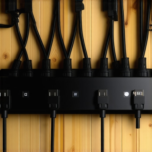 Optimized Studio Power Distribution Close-up of organized power cables and a surge protector for a clean audio setup.