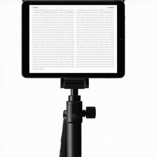 Close-up of a tablet used as a teleprompter with narrow margins to prevent visible eye movement during video recording.