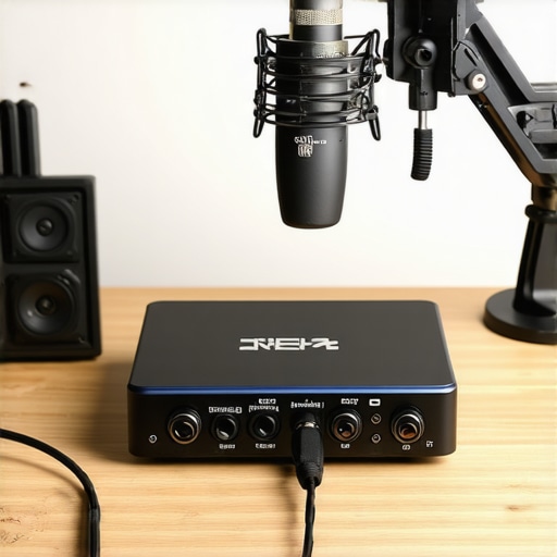 A professional audio interface with dedicated power supply and XLR microphone.