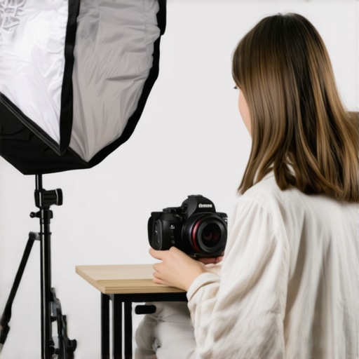 A professional creator setup showing a softbox light positioned close to the subject to reduce camera grain.