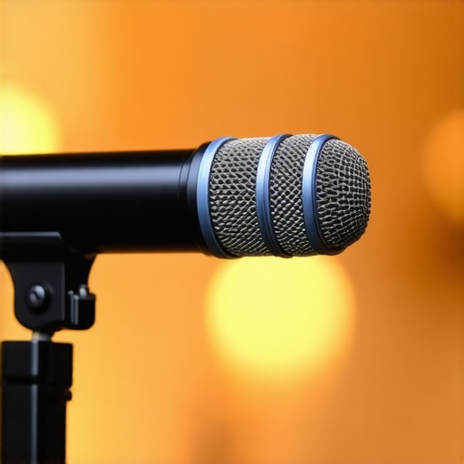 Close-up of a professional microphone positioned off-axis to avoid plosives while recording.