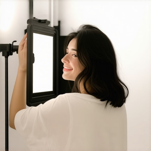 A creator adjusting a small light source close to their face in a compact home studio setup.