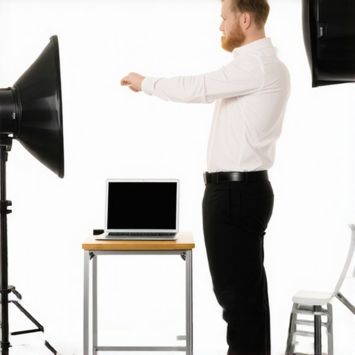Creator on a step ladder adjusting studio lighting for high angle shots